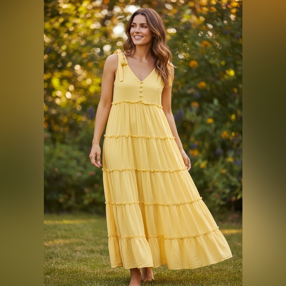 NWOT SHEIN Yellow Sleeveless Ruffled Maxi Sundress with Strap Ties - Sz M
